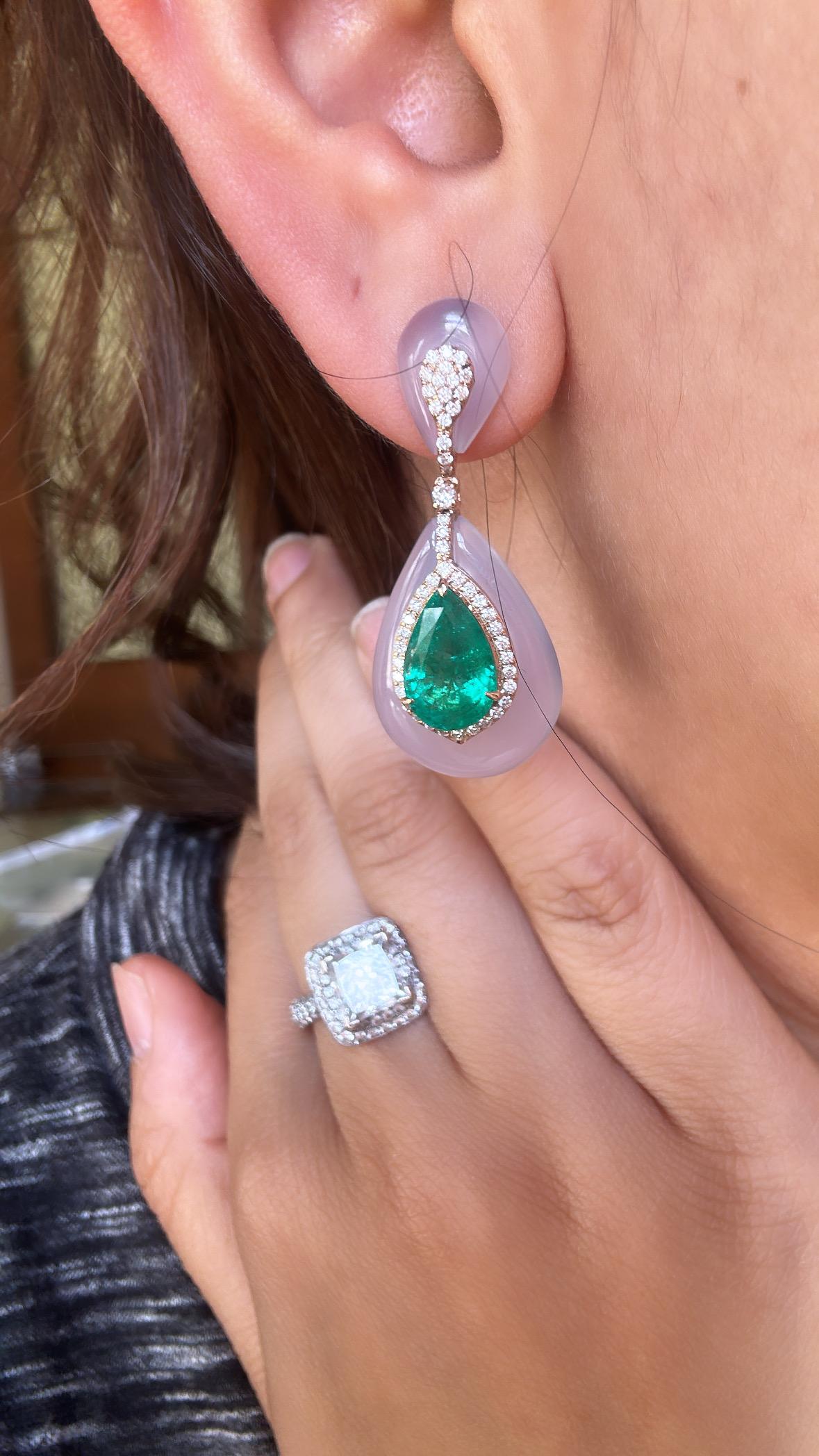 Set in 18K Gold, Zambian Emerald, Chalcedony & Diamonds Chandelier Earrings For Sale 3