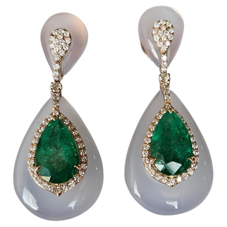 Set in 18K Gold, Zambian Emerald, Chalcedony & Diamonds Chandelier Earrings For Sale
