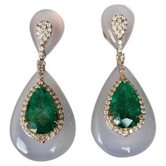 Set in 18K Gold, Zambian Emerald, Chalcedony & Diamonds Chandelier Earrings