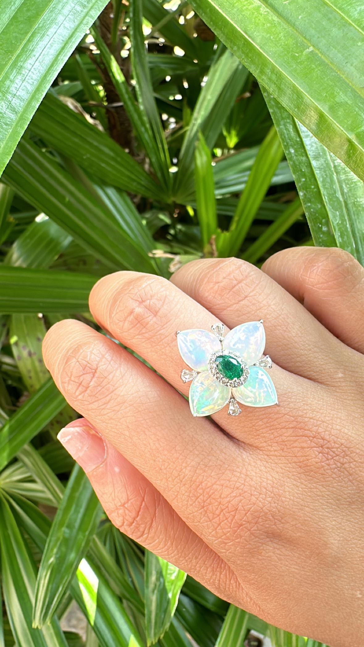 Set in 18K Gold, Zambian Emerald, Ethiopian Opal & Diamonds Cocktail Ring For Sale 4