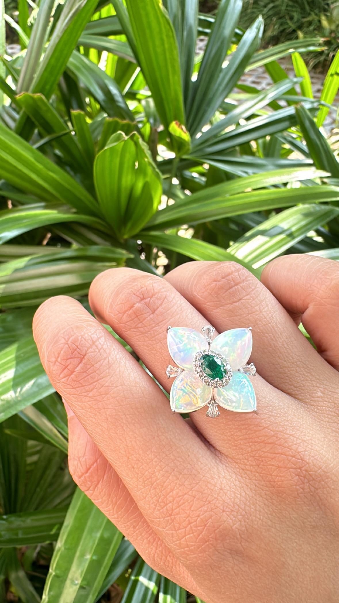 Set in 18K Gold, Zambian Emerald, Ethiopian Opal & Diamonds Cocktail Ring For Sale 5