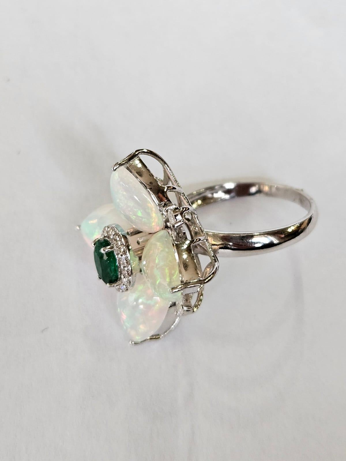 Pear Cut Set in 18K Gold, Zambian Emerald, Ethiopian Opal & Diamonds Cocktail Ring For Sale