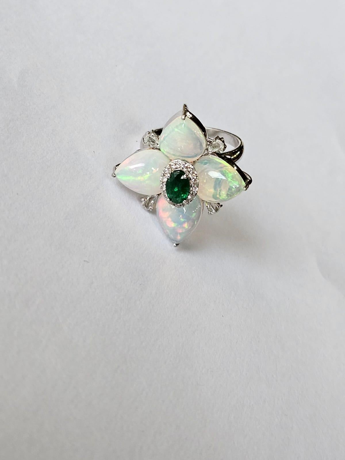 Women's or Men's Set in 18K Gold, Zambian Emerald, Ethiopian Opal & Diamonds Cocktail Ring For Sale