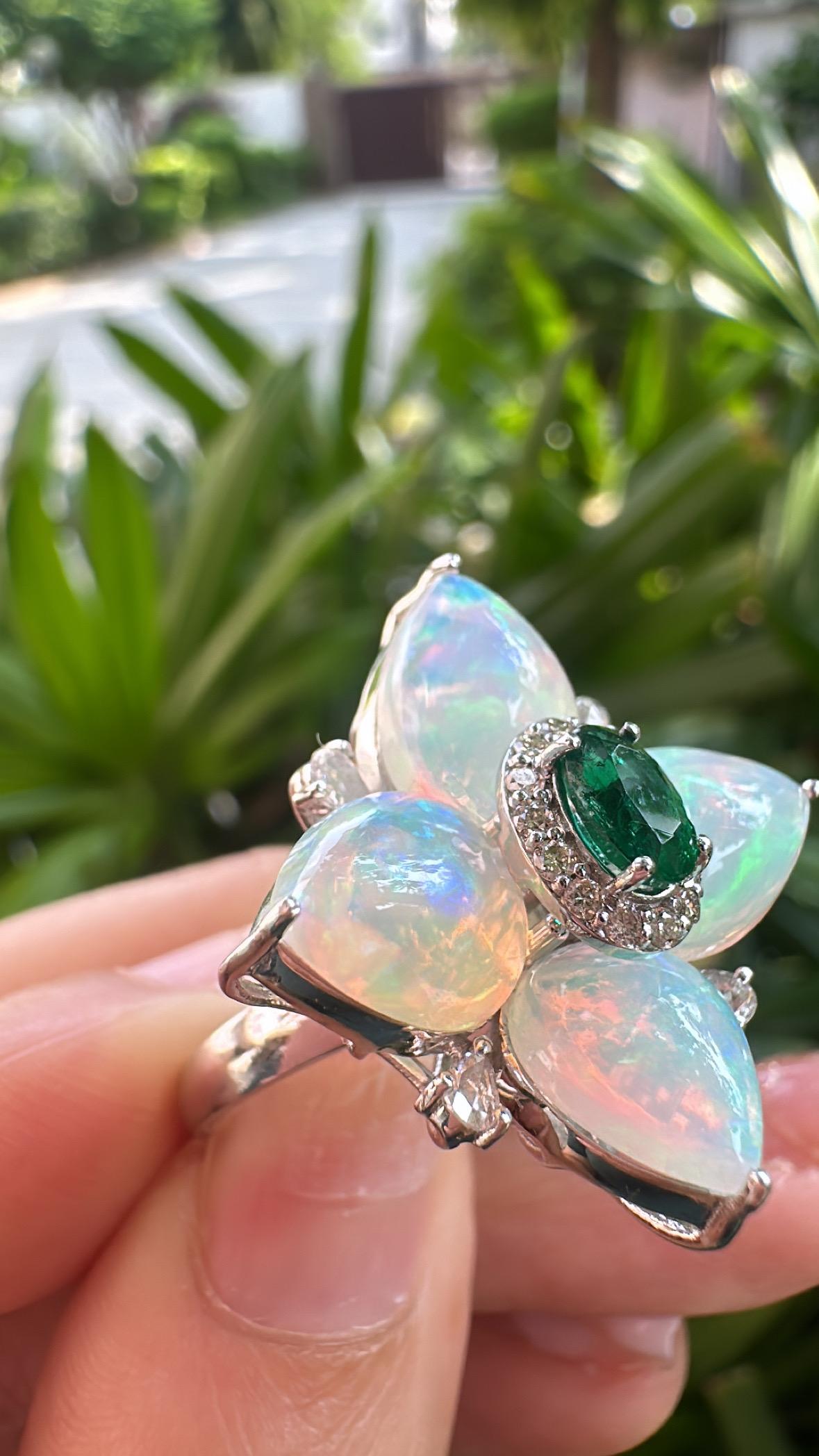 Set in 18K Gold, Zambian Emerald, Ethiopian Opal & Diamonds Cocktail Ring For Sale 1