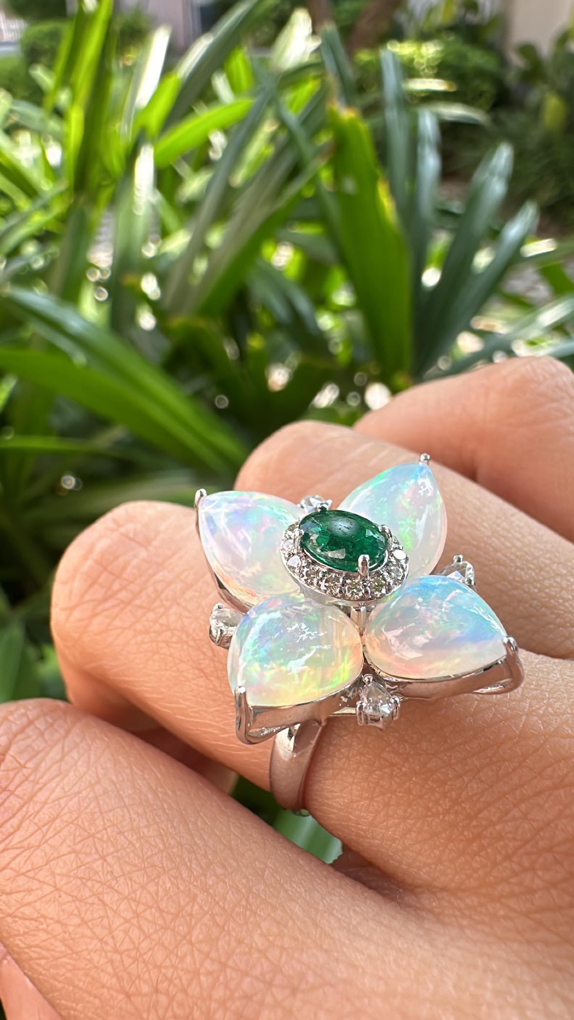 Set in 18K Gold, Zambian Emerald, Ethiopian Opal & Diamonds Cocktail Ring For Sale 2