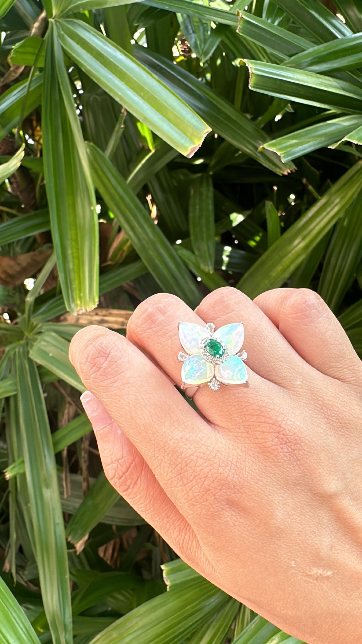 Set in 18K Gold, Zambian Emerald, Ethiopian Opal & Diamonds Cocktail Ring For Sale 3