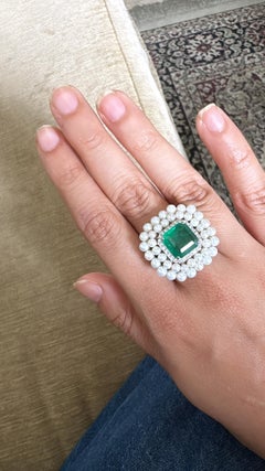Set in 18K Gold, Zambian Emerald, Freshwater Pearls & Diamonds Cocktail Ring