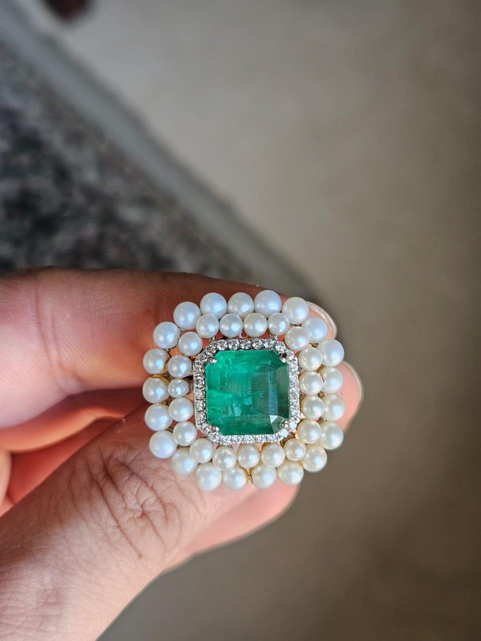 Emerald Cut Set in 18K Gold, Zambian Emerald, Freshwater Pearls & Diamonds Cocktail Ring For Sale