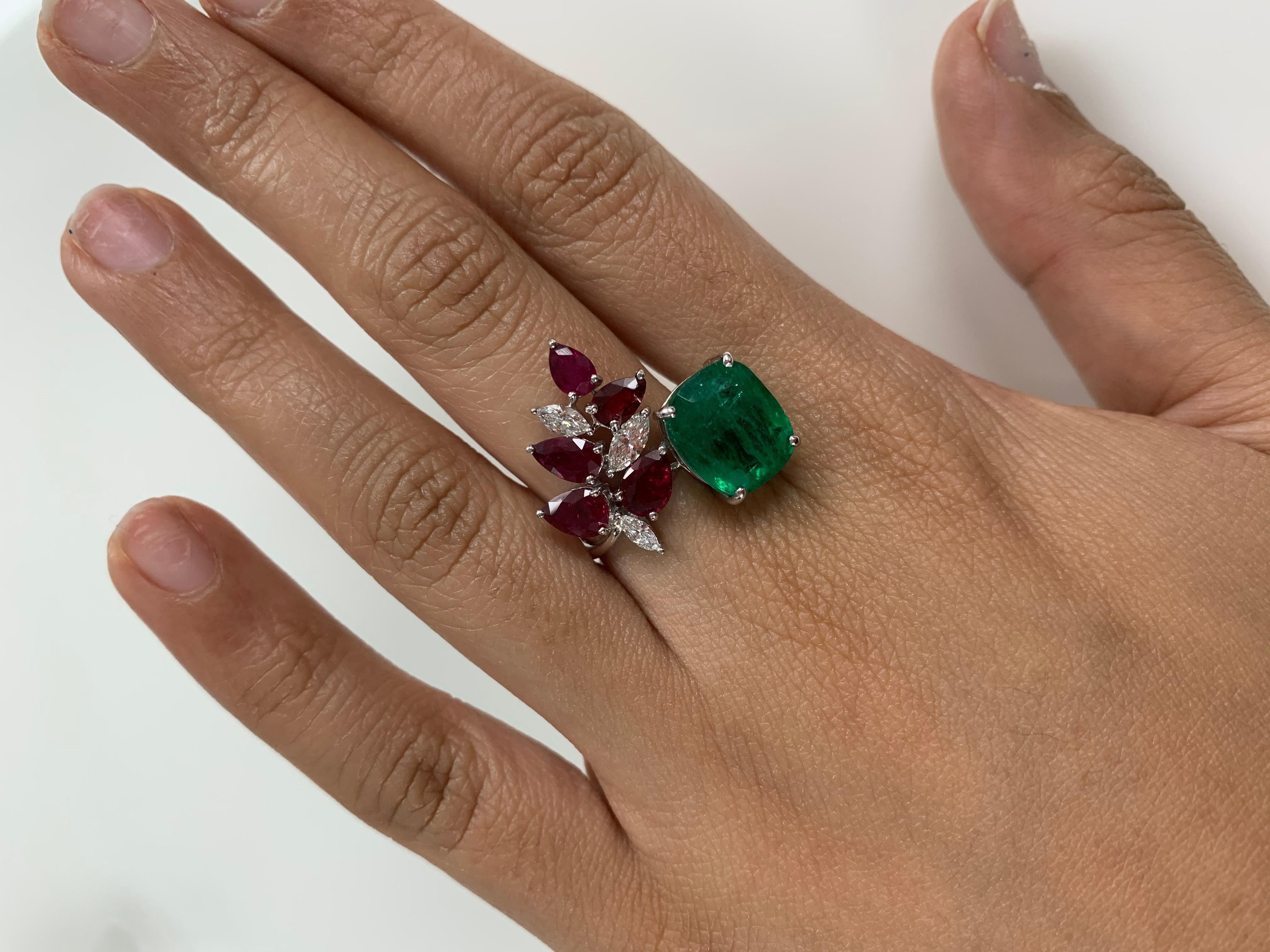 Marquise Cut 18K Gold Zambian Emerald Marquise Mozambique Ruby & Diamond Cocktail Ring