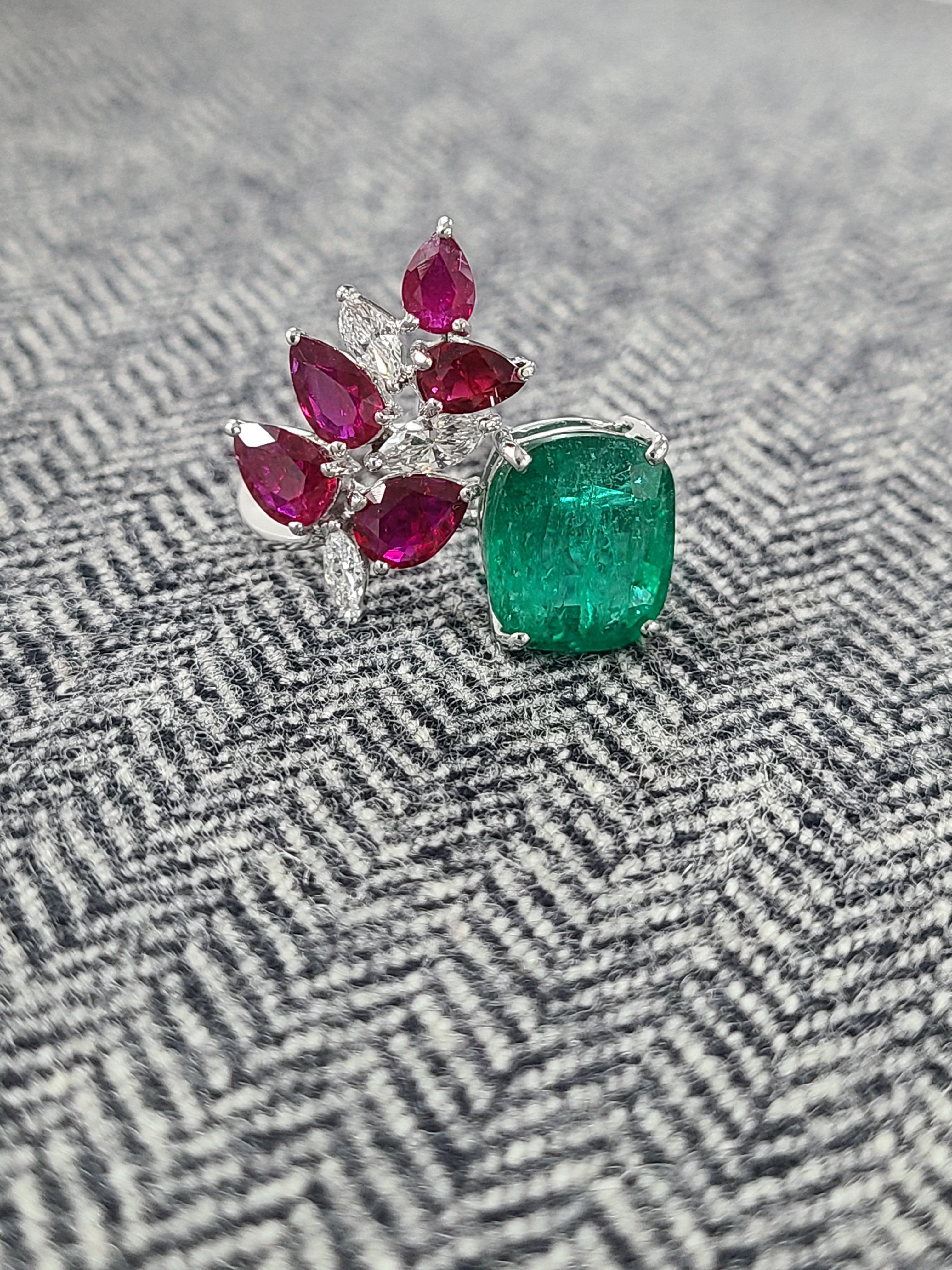 18K Gold Zambian Emerald Marquise Mozambique Ruby & Diamond Cocktail Ring 1