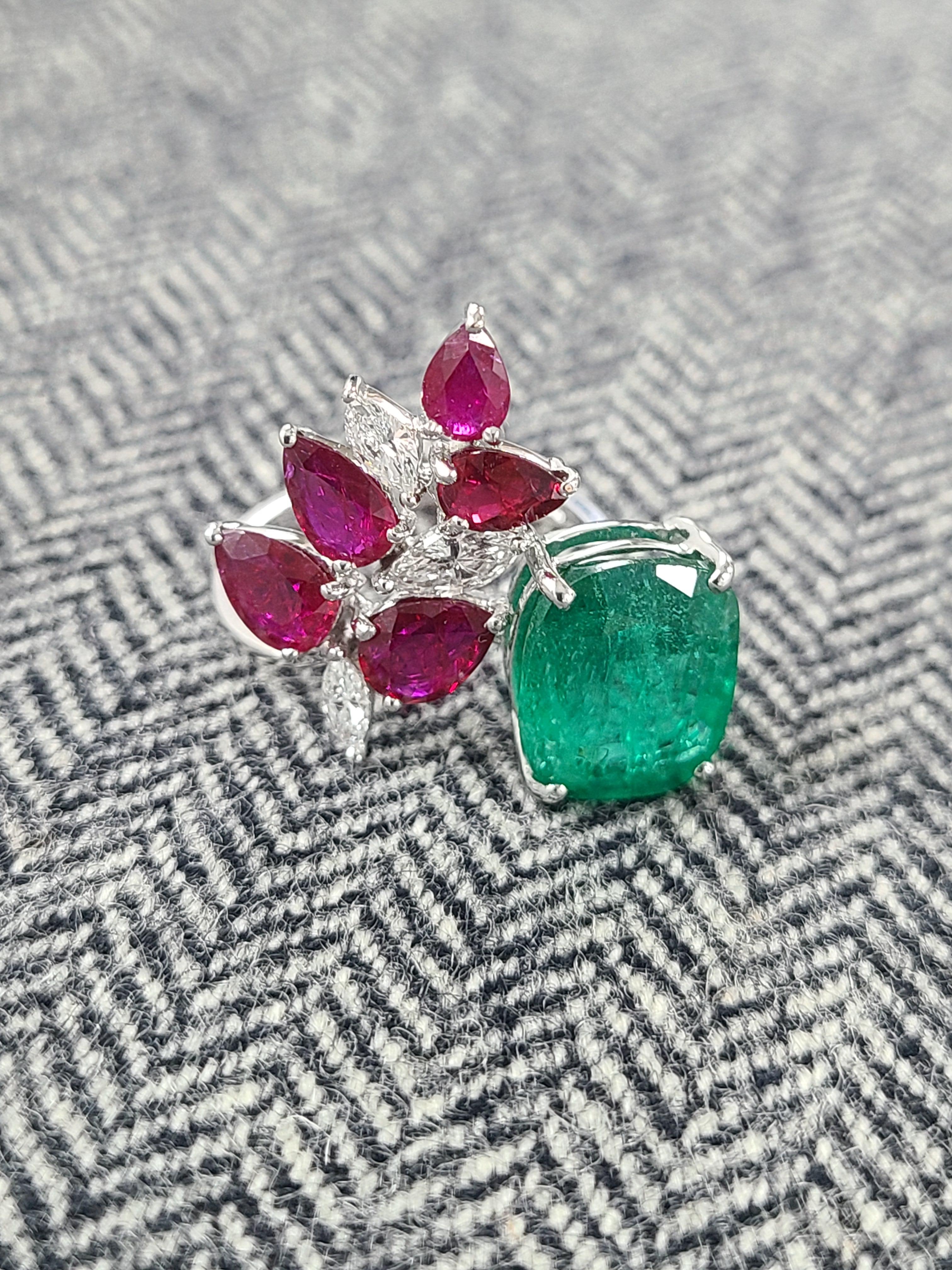 18K Gold Zambian Emerald Marquise Mozambique Ruby & Diamond Cocktail Ring 2