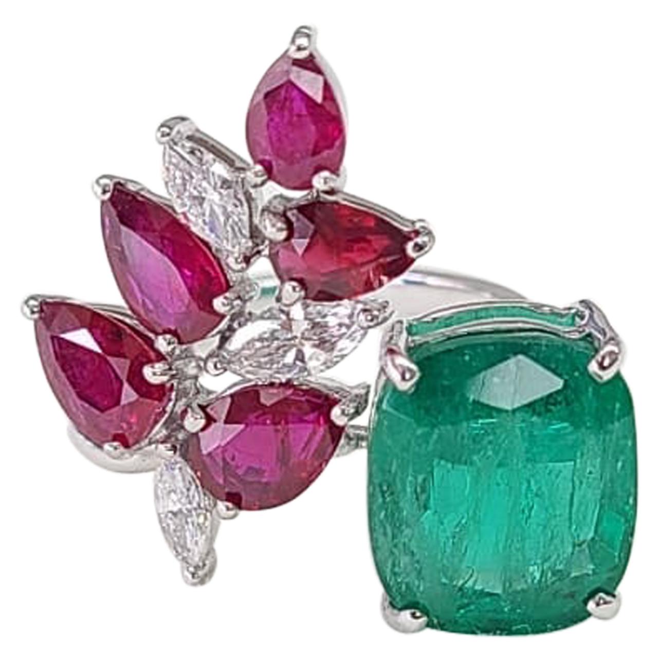 18K Gold Zambian Emerald Marquise Mozambique Ruby & Diamond Cocktail Ring