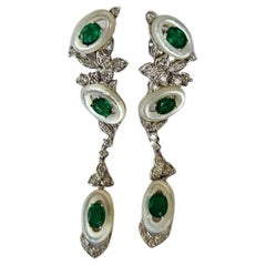 Set in 18K Gold, Zambian Emerald, Mother of Pearl & Diamonds Chandelier Earrings