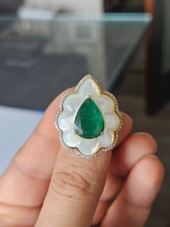 Set in 18K Gold, Zambian Emerald, Mother of Pearl & Diamonds Cocktail Ring