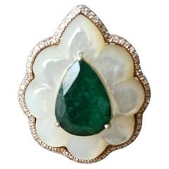 Set in 18K Gold, Zambian Emerald, Mother of Pearl & Diamonds Cocktail Ring