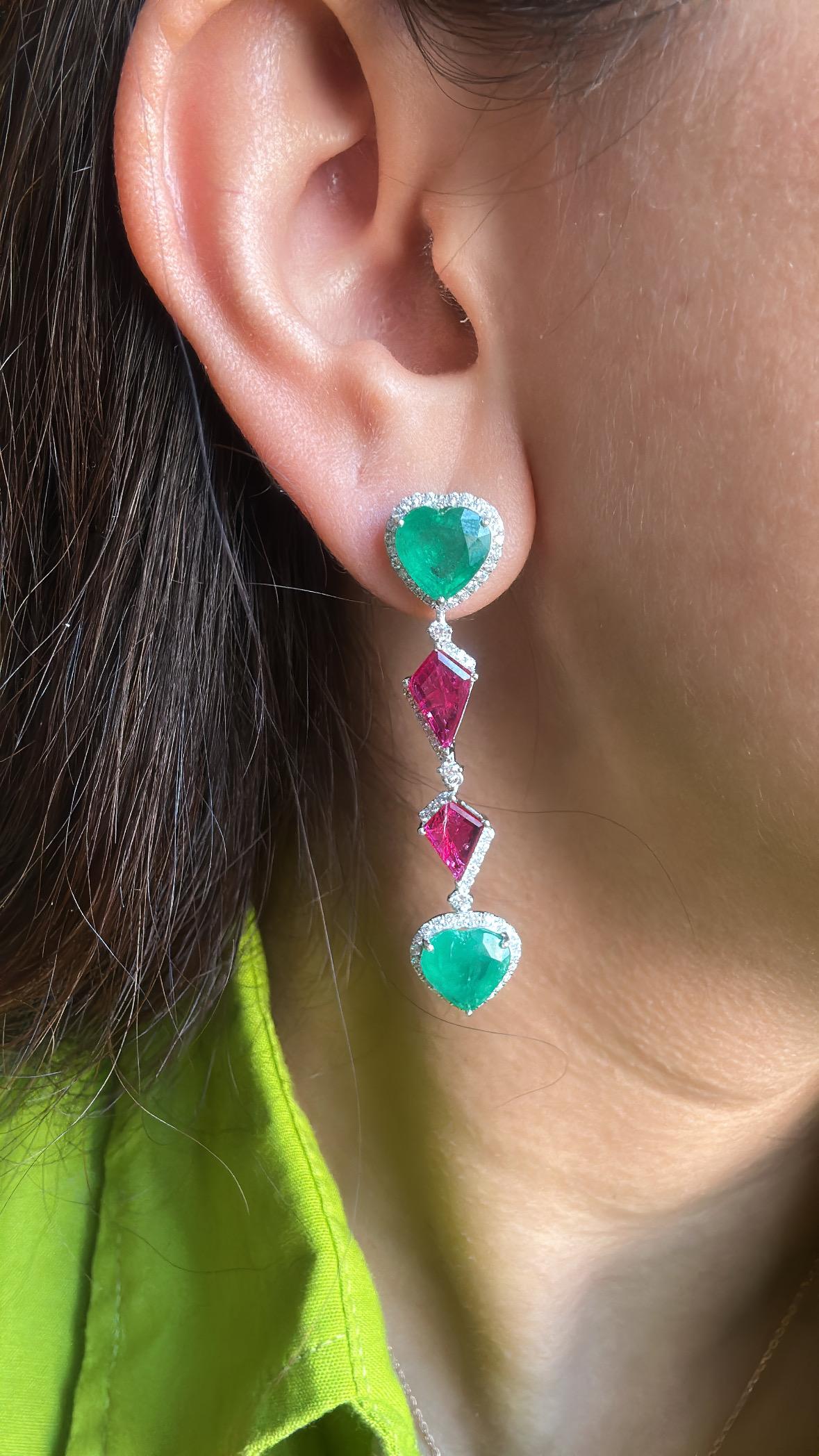 Set in 18K Gold, Zambian Emerald, Mozambique Ruby & Diamonds Chandelier Earrings For Sale 4