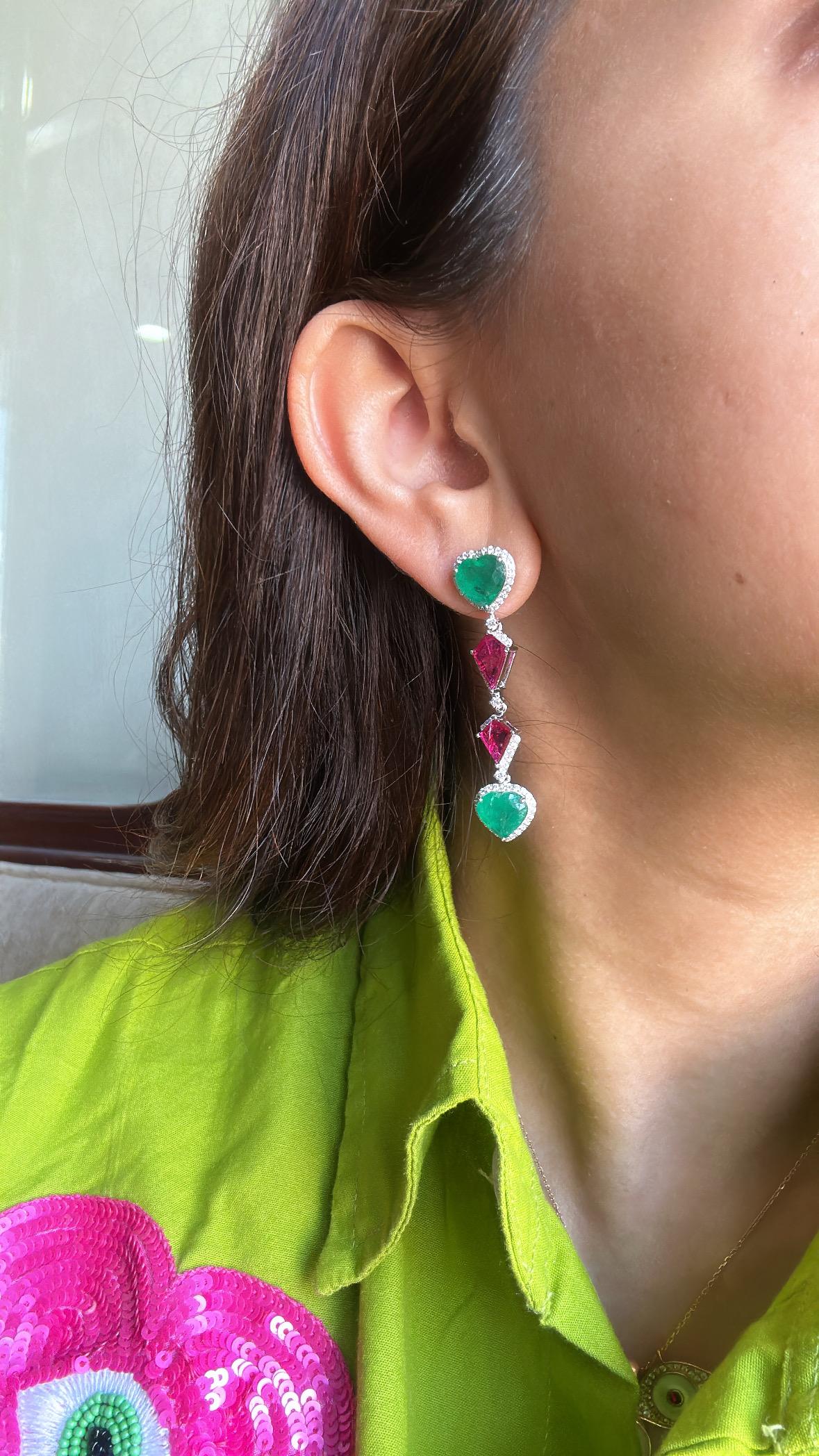 Set in 18K Gold, Zambian Emerald, Mozambique Ruby & Diamonds Chandelier Earrings For Sale 5