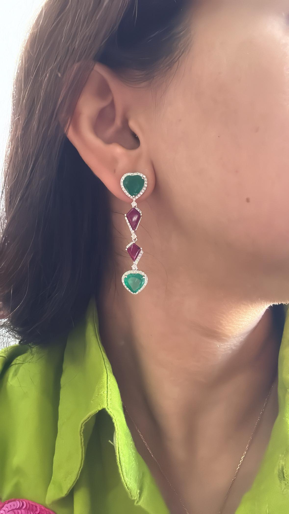Set in 18K Gold, Zambian Emerald, Mozambique Ruby & Diamonds Chandelier Earrings For Sale 6