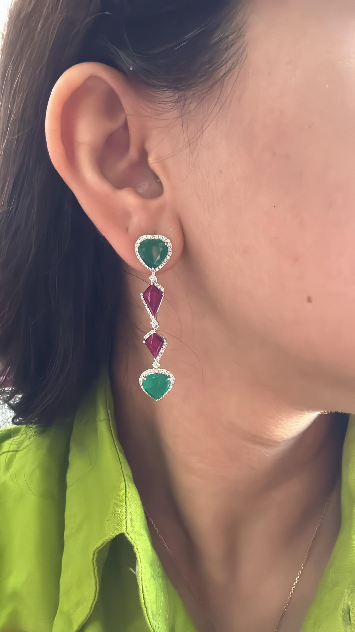 Set in 18K Gold, Zambian Emerald, Mozambique Ruby & Diamonds Chandelier Earrings For Sale 7