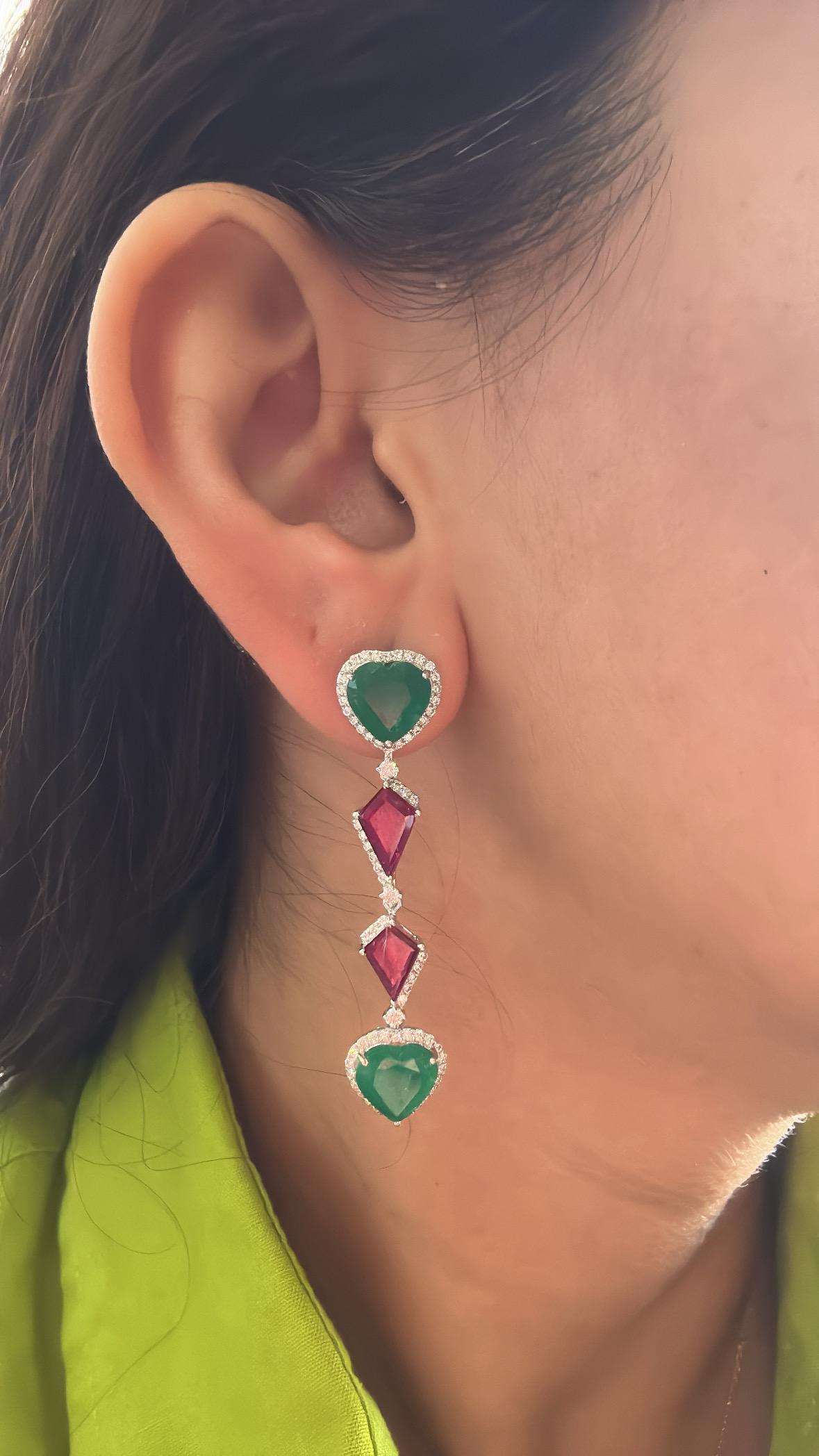 Set in 18K Gold, Zambian Emerald, Mozambique Ruby & Diamonds Chandelier Earrings For Sale 8