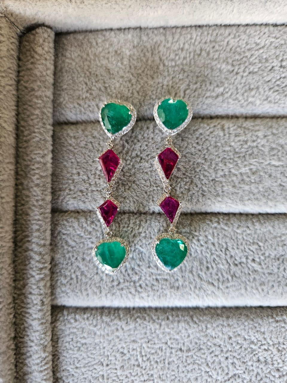 Heart Cut Set in 18K Gold, Zambian Emerald, Mozambique Ruby & Diamonds Chandelier Earrings For Sale