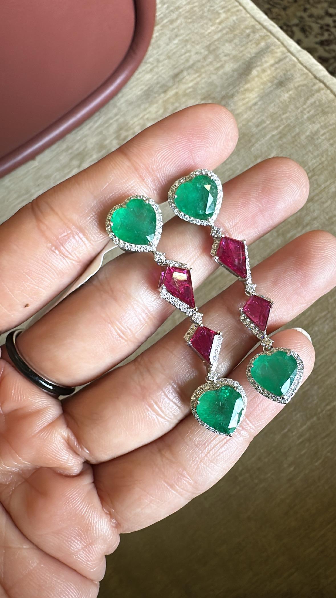 Set in 18K Gold, Zambian Emerald, Mozambique Ruby & Diamonds Chandelier Earrings For Sale 1