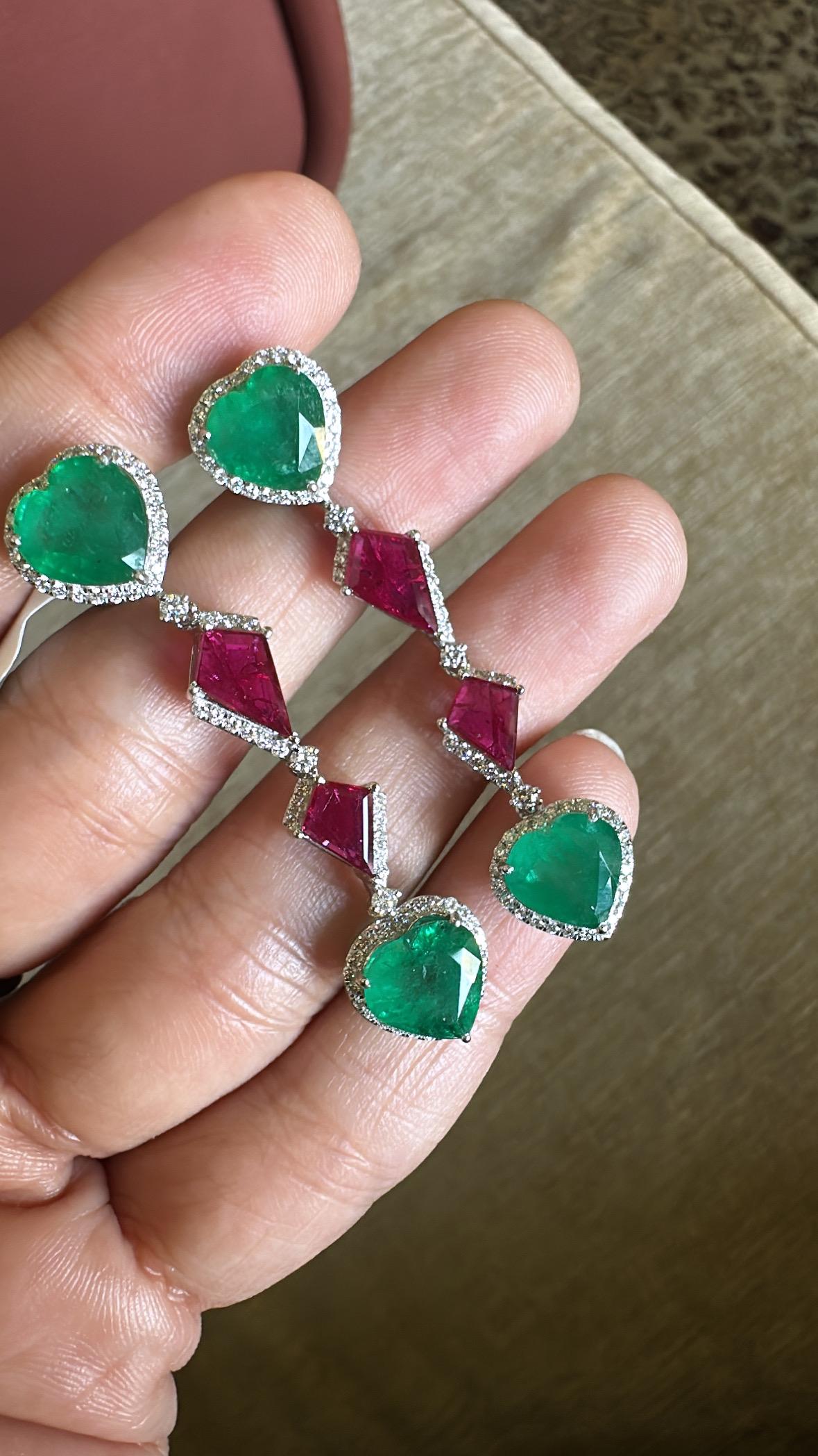 Set in 18K Gold, Zambian Emerald, Mozambique Ruby & Diamonds Chandelier Earrings For Sale 2