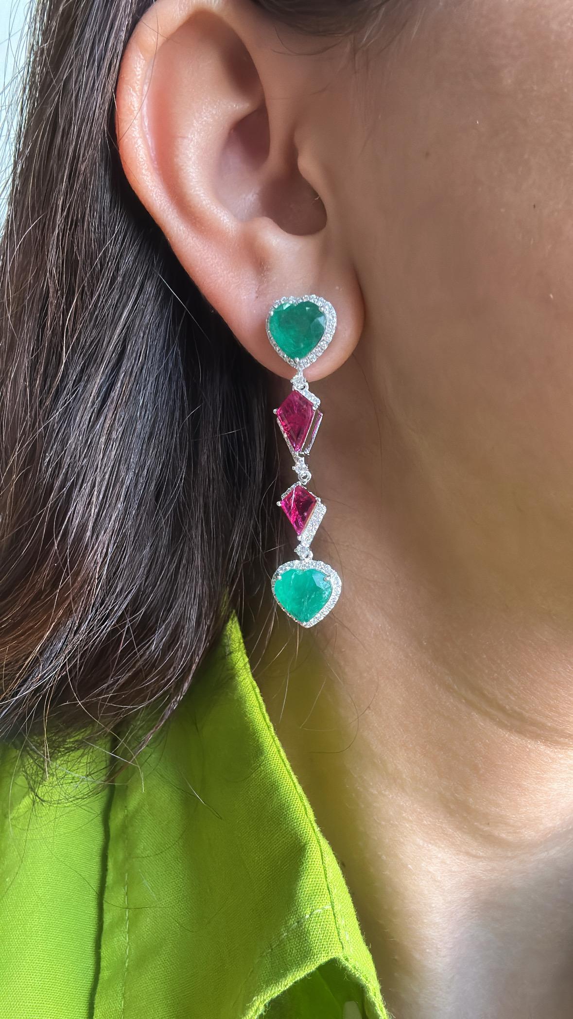 Set in 18K Gold, Zambian Emerald, Mozambique Ruby & Diamonds Chandelier Earrings For Sale 3