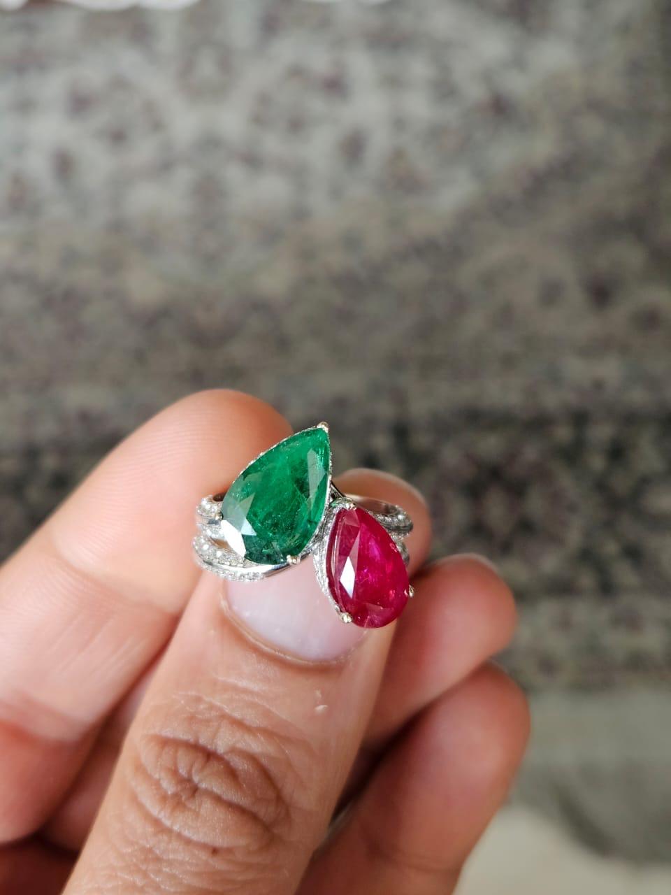 Set in 18K Gold, Zambian Emerald, Mozambique Ruby & Diamonds Engagement Ring For Sale 1