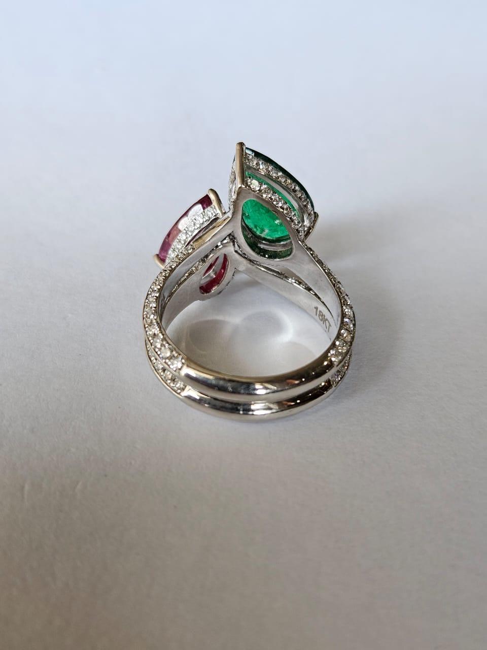 Set in 18K Gold, Zambian Emerald, Mozambique Ruby & Diamonds Engagement Ring For Sale 2