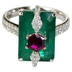 Set in 18K Gold, Zambian Emerald, Mozambique Ruby & Diamonds Engagement Ring