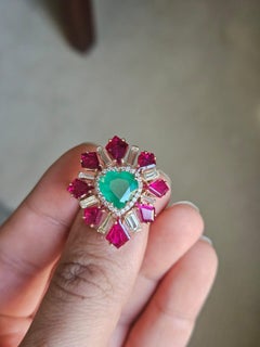 Set in 18K Gold, Zambian Emerald, Mozambique Ruby & Taper Diamonds Cocktail Ring