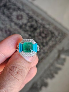 Set in 18K Gold, Zambian Emerald, natural Turquoise & Diamonds Engagement Ring
