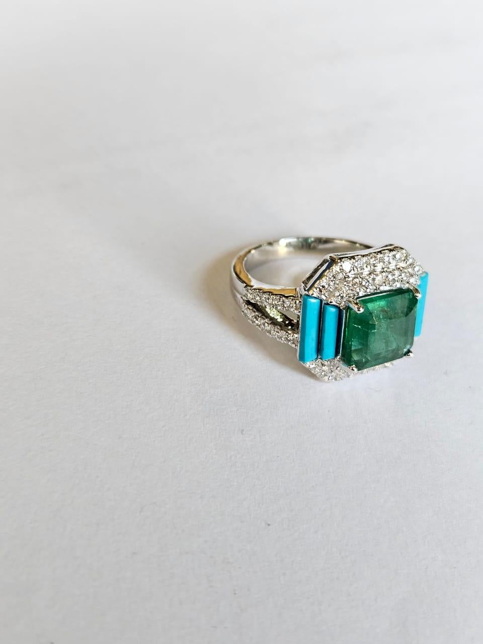Emerald Cut Set in 18K Gold, Zambian Emerald, natural Turquoise & Diamonds Engagement Ring For Sale