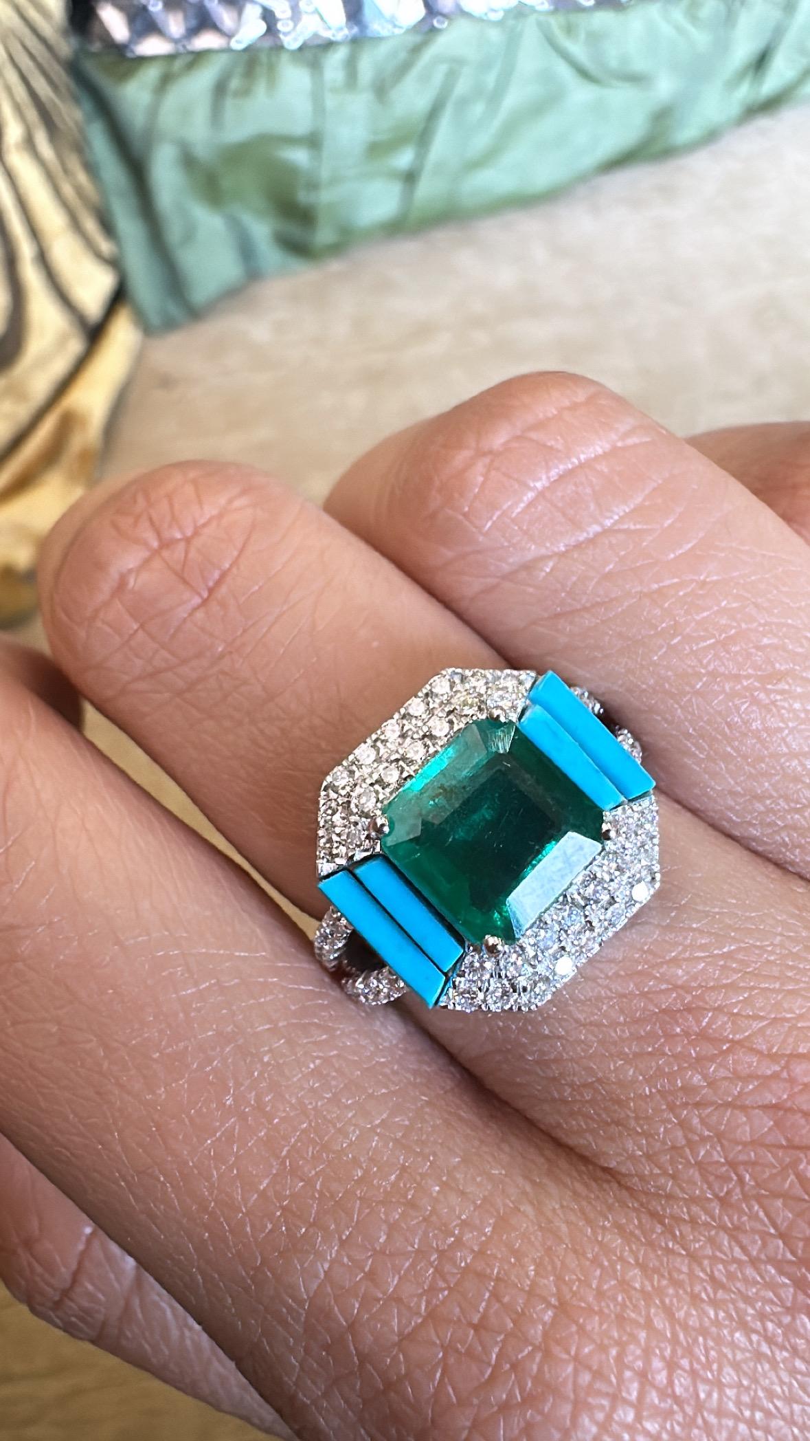 Set in 18K Gold, Zambian Emerald, natural Turquoise & Diamonds Engagement Ring For Sale 1