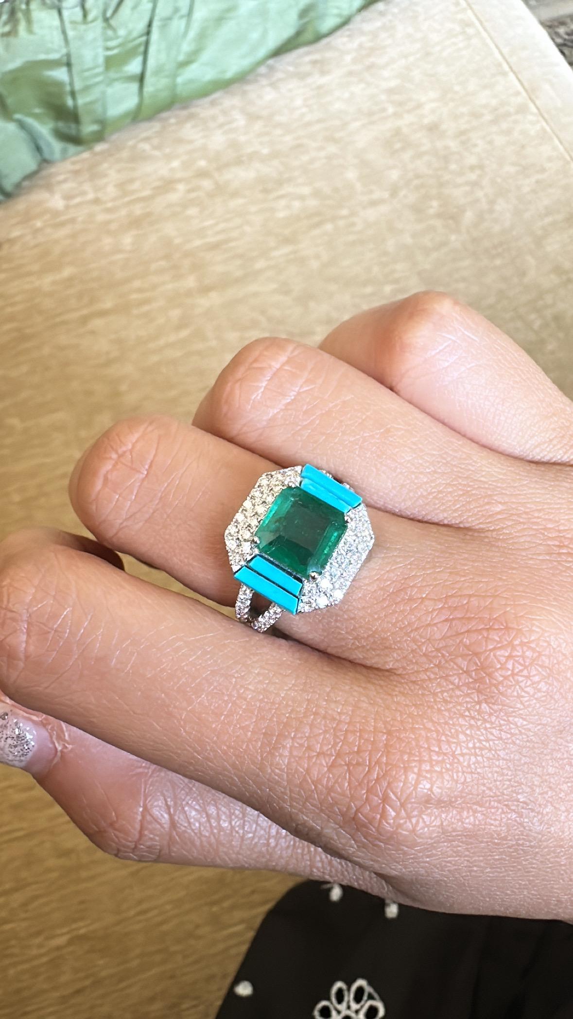 Set in 18K Gold, Zambian Emerald, natural Turquoise & Diamonds Engagement Ring For Sale 2