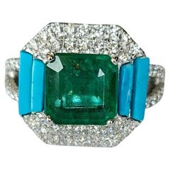 Set in 18K Gold, Zambian Emerald, natural Turquoise & Diamonds Engagement Ring