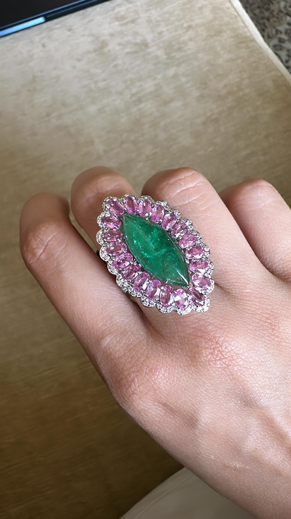 Set in 18K Gold, Zambian Emerald, Pink Sapphires & Diamonds Cocktail Ring For Sale 4