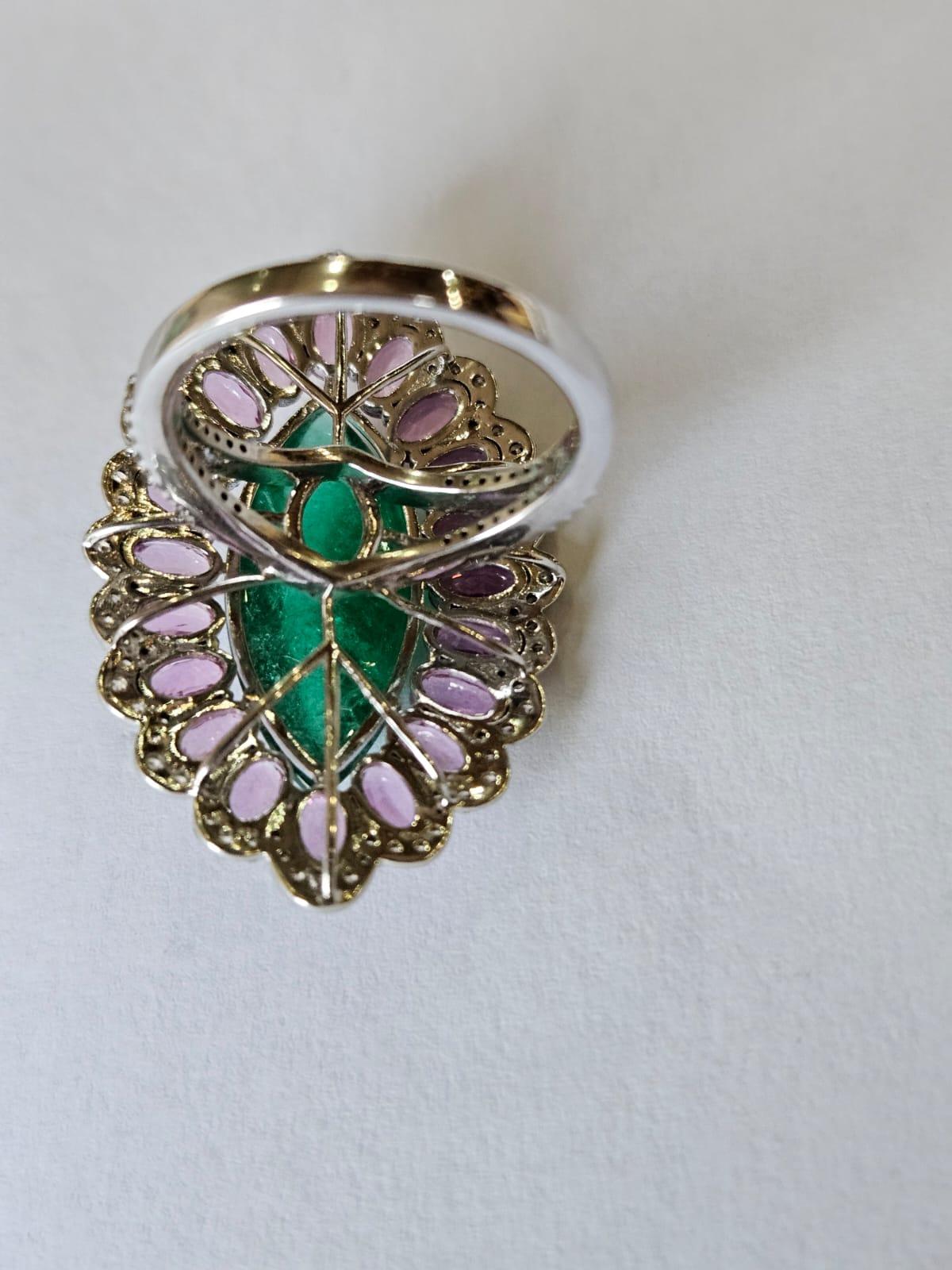 Neoclassical Set in 18K Gold, Zambian Emerald, Pink Sapphires & Diamonds Cocktail Ring For Sale