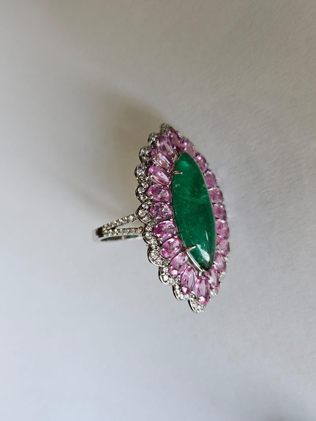 Cabochon Set in 18K Gold, Zambian Emerald, Pink Sapphires & Diamonds Cocktail Ring For Sale