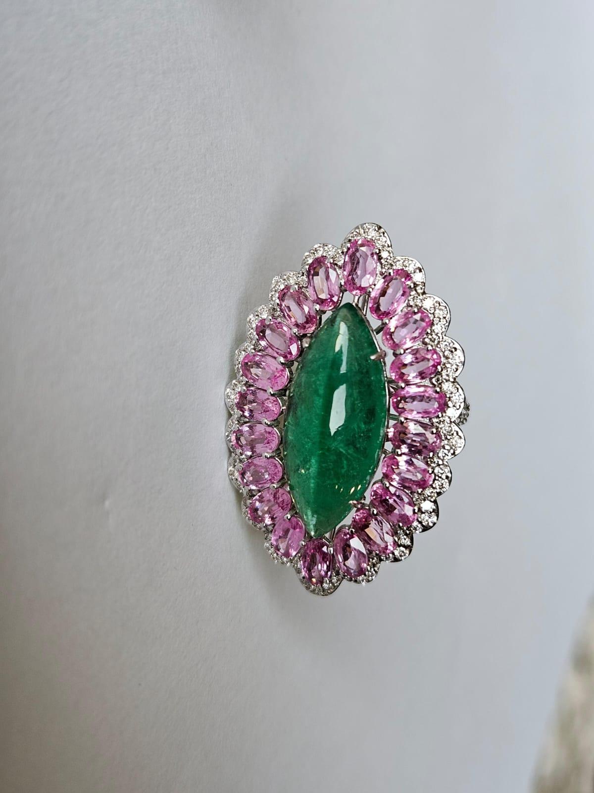 Set in 18K Gold, Zambian Emerald, Pink Sapphires & Diamonds Cocktail Ring In New Condition For Sale In Hong Kong, HK