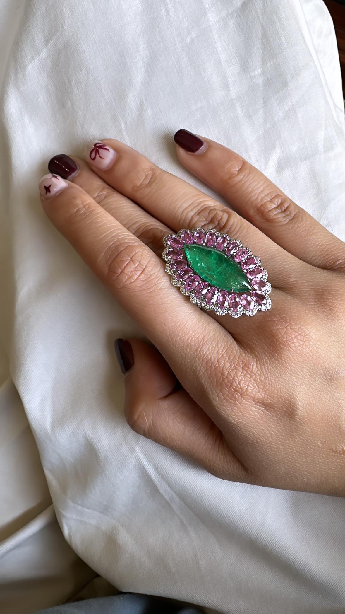 Set in 18K Gold, Zambian Emerald, Pink Sapphires & Diamonds Cocktail Ring For Sale 1