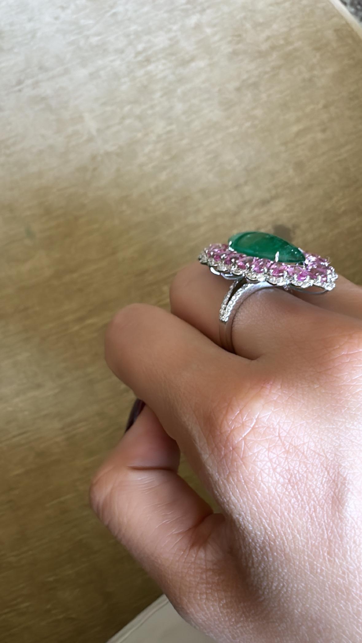 Set in 18K Gold, Zambian Emerald, Pink Sapphires & Diamonds Cocktail Ring For Sale 2