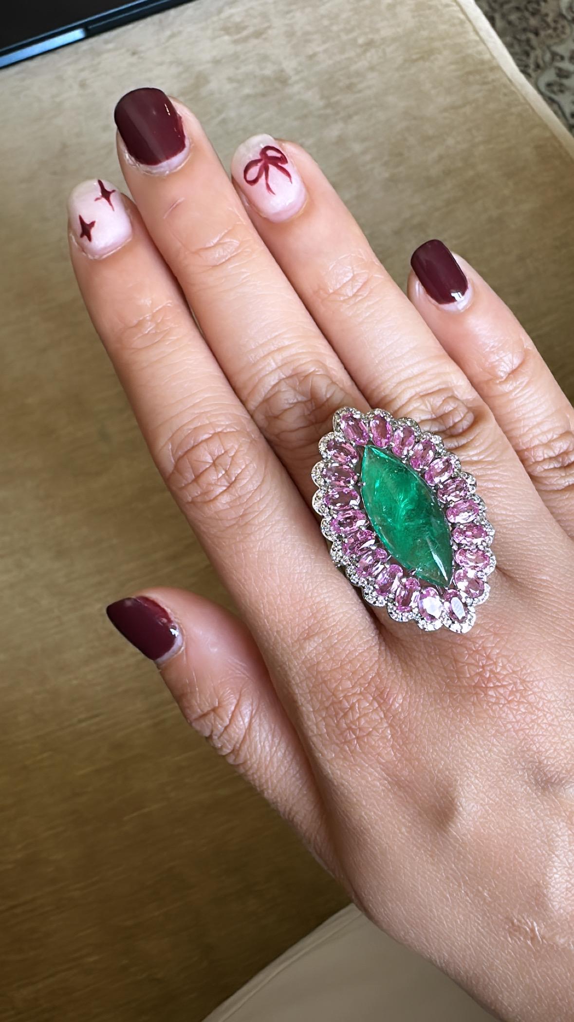 Set in 18K Gold, Zambian Emerald, Pink Sapphires & Diamonds Cocktail Ring For Sale 3