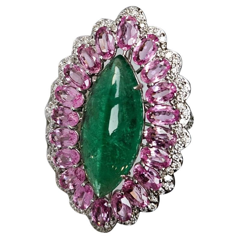 Set in 18K Gold, Zambian Emerald, Pink Sapphires & Diamonds Cocktail Ring For Sale