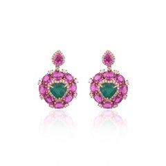 Set in 18K Gold, Zambian Emerald, Pink Sapphires & Diamonds Dangle Earrings