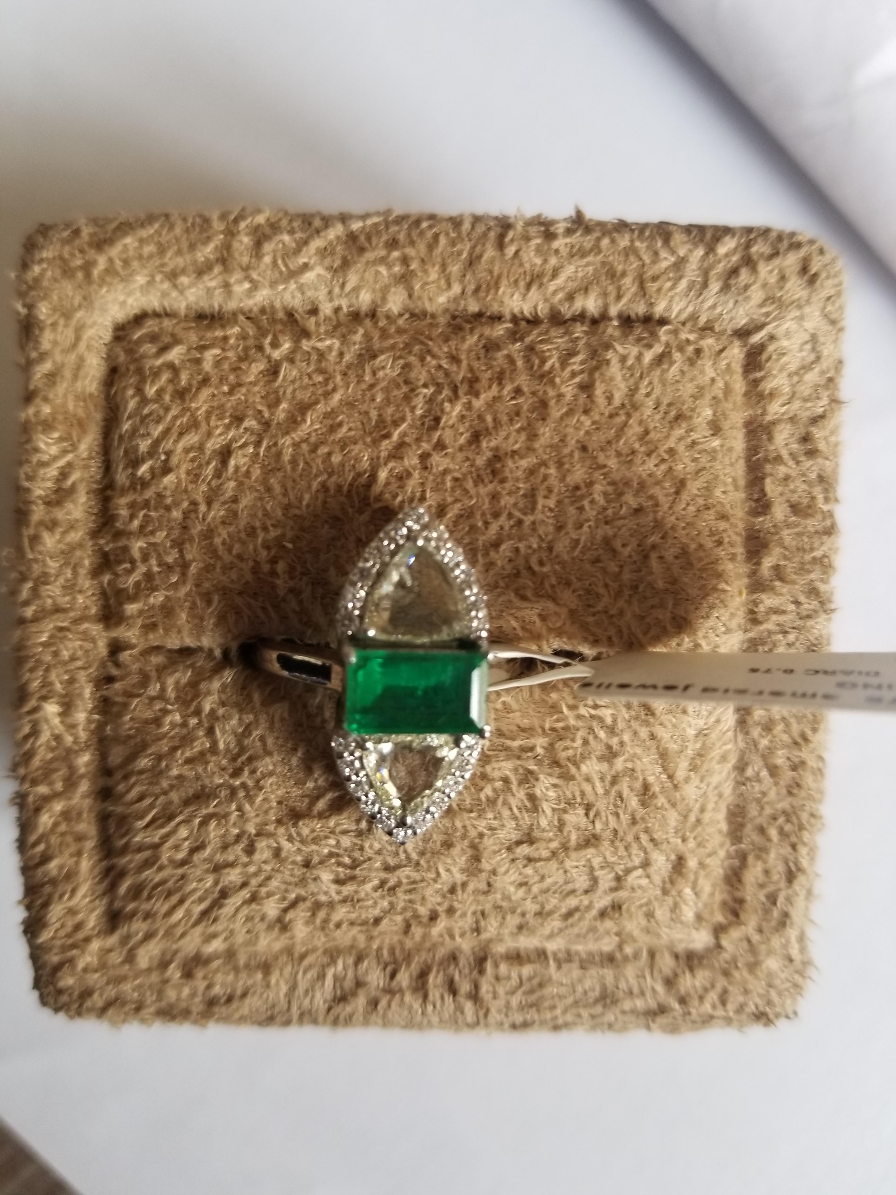 Art Deco Set in 18 Karat Gold, Zambian Emerald & Rose Cut Diamonds Artistic Cocktail Ring