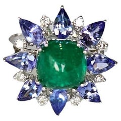 Set in 18K Gold, Zambian Emerald Sugarloaf, Tanzanite & Diamonds Cocktail Ring