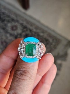 Set in 18K Gold, Zambian Emerald, Turquoise & Rose cut Diamonds Cocktail Ring