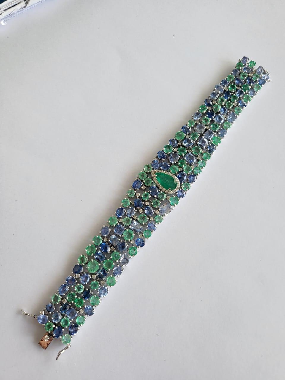 Set in 18k Gold, Zambian Emeralds, Blue Sapphires and Diamonds Modern Bracelets For Sale 5